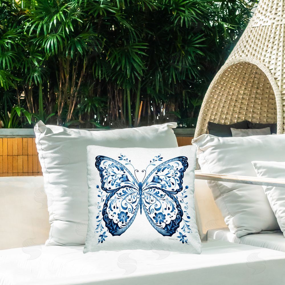 Danhui Nai Ornate Blue Butterfly Outdoor Quick-Dry Polyester Printed Square Pillow on Patio