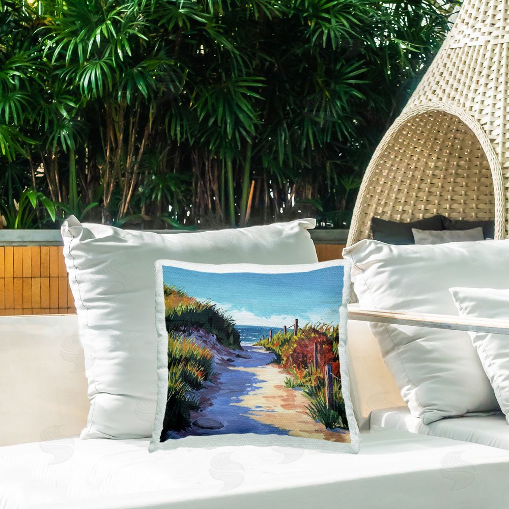 Kate Jarvik Birch Breezy Beach Pathway Outdoor Quick-Dry Polyester Printed Square Pillow on Patio