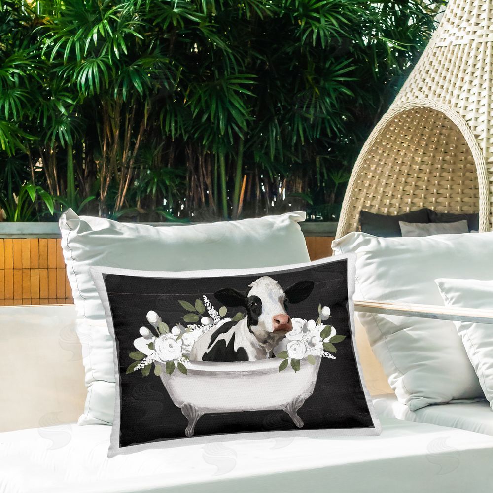 Masey St. Studios Floral Bath Time Cow Outdoor Quick-Dry Polyester Printed Lumbar Pillow on Patio
