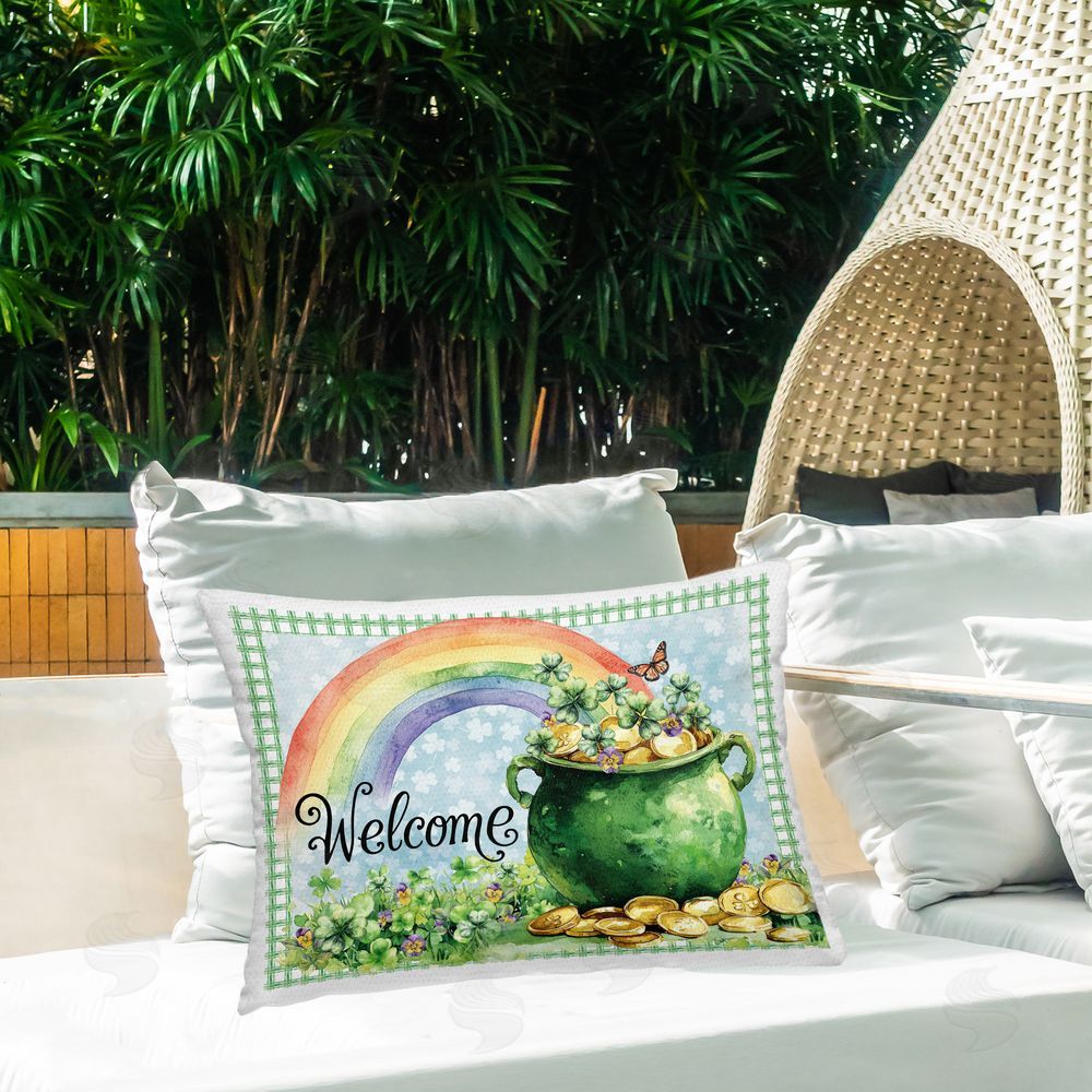 Nicole DeCamp Welcome Rainbow Pot Of Gold Outdoor Quick-Dry Polyester Printed Lumbar Pillow on Patio