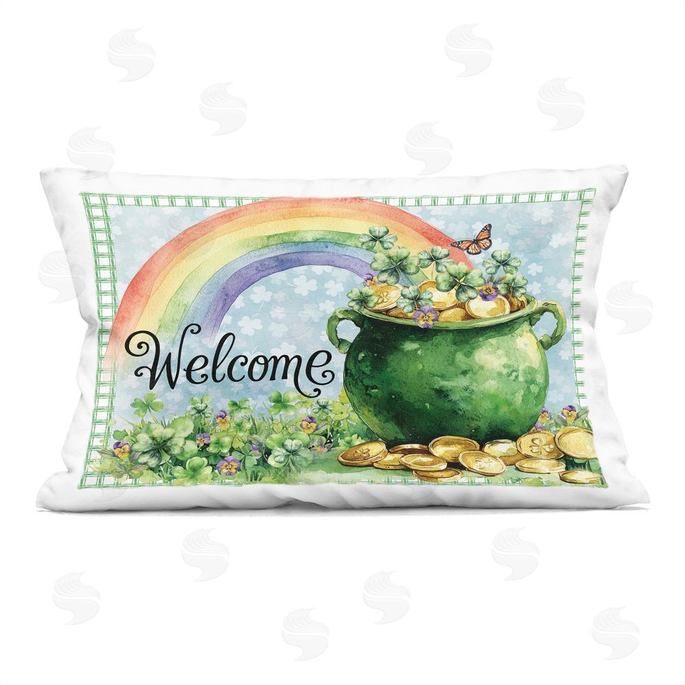 Nicole DeCamp Welcome Rainbow Pot Of Gold Indoor Plush Polyester Lumbar Pillow