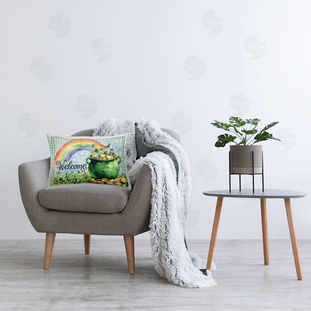 Nicole DeCamp Welcome Rainbow Pot Of Gold Plush Polyester Printed Lumbar Pillow on Chair