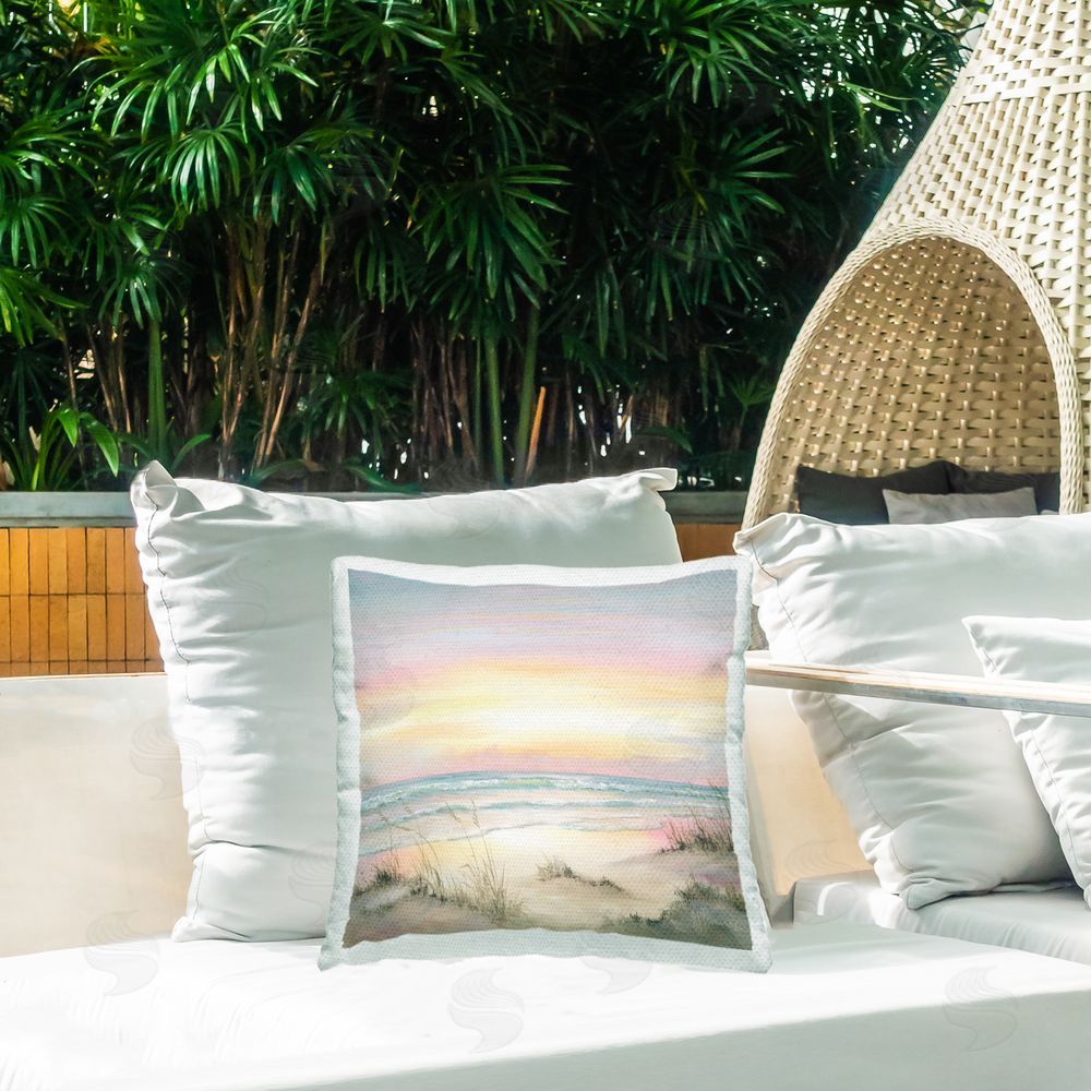 Georgia Janisse Pastel Calm Morning Beach Outdoor Quick-Dry Polyester Printed Square Pillow on Patio