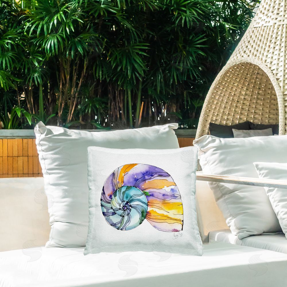 Shelly Craig Sunlit Striped Nautilus Outdoor Quick-Dry Polyester Printed Square Pillow on Patio