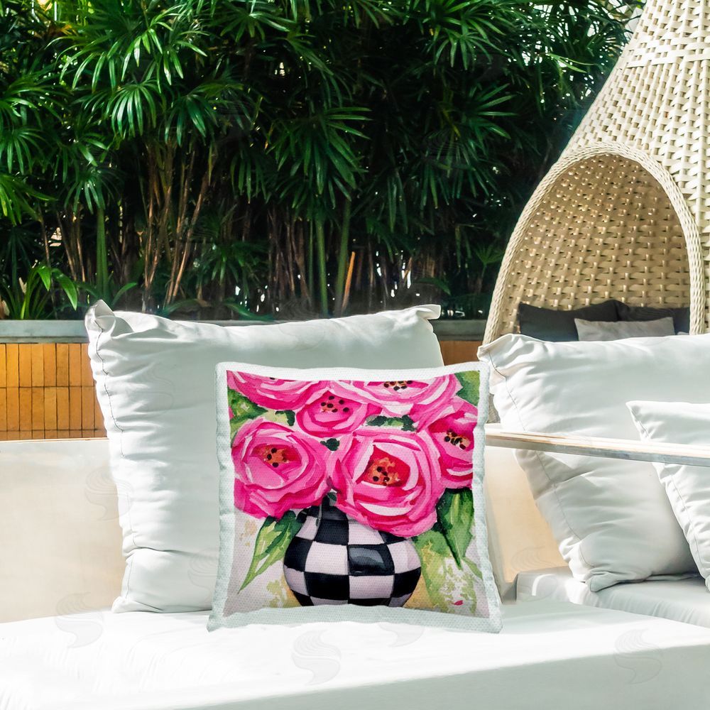 Shelly Craig Roses In Checkered Vase Outdoor Quick-Dry Polyester Printed Square Pillow on Patio