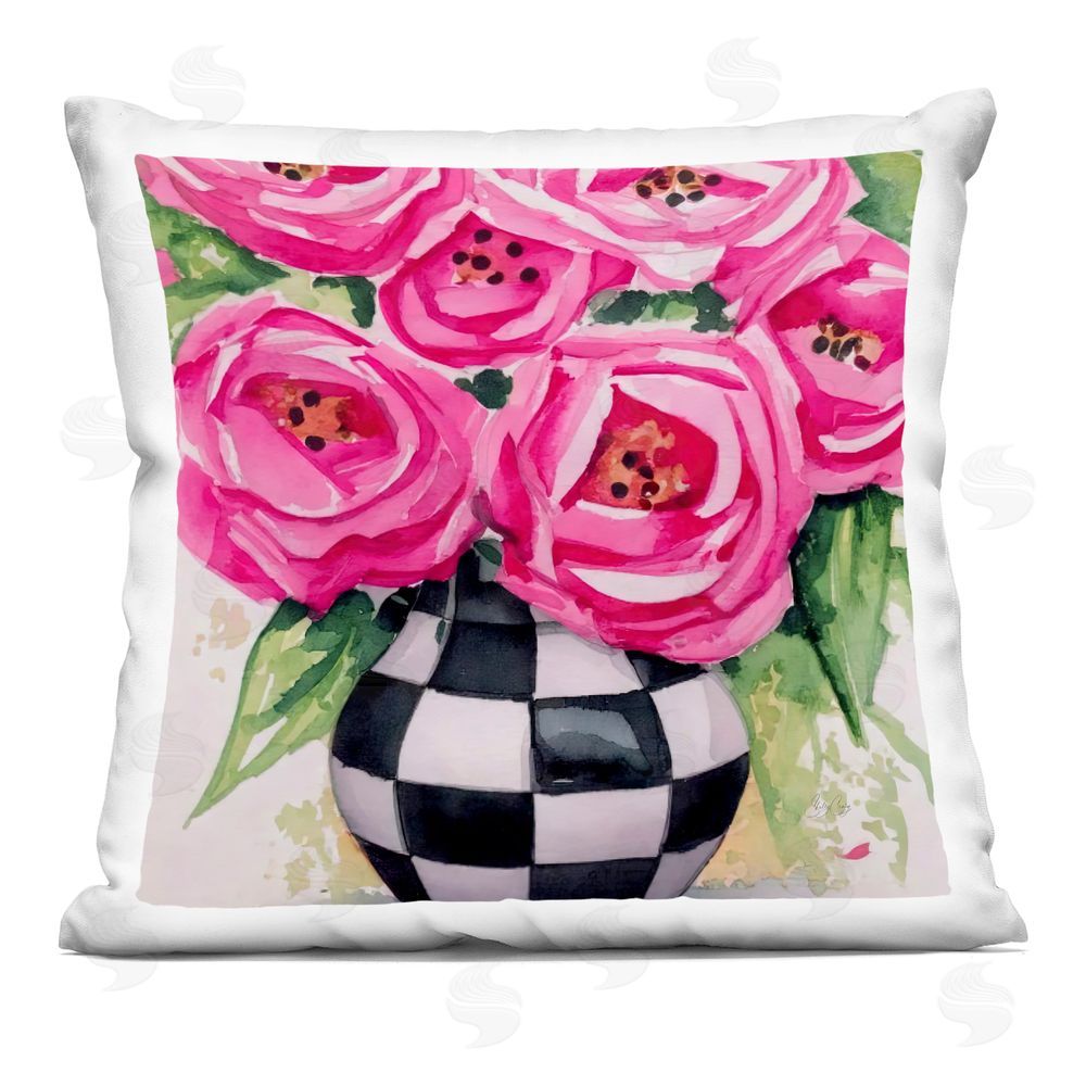 Shelly Craig Roses In Checkered Vase Indoor Plush Polyester Square Throw Pillow