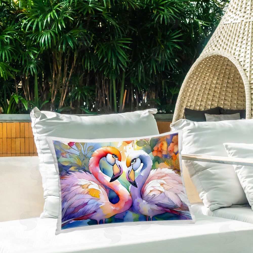 Shelly Craig Flamingo Love Pair Outdoor Quick-Dry Polyester Printed Lumbar Pillow on Patio