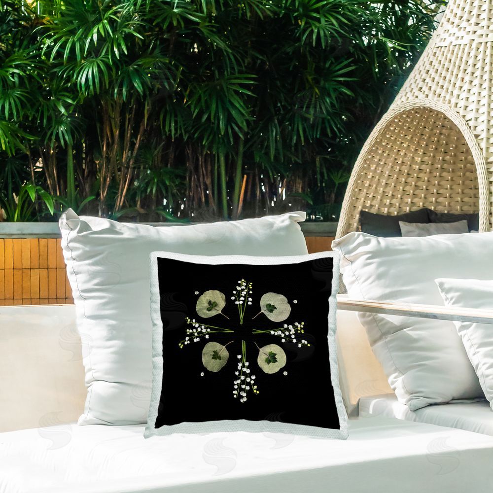 Beth Adoette Leaves & Wildflowers on Black Outdoor Quick-Dry Polyester Printed Square Pillow on Patio