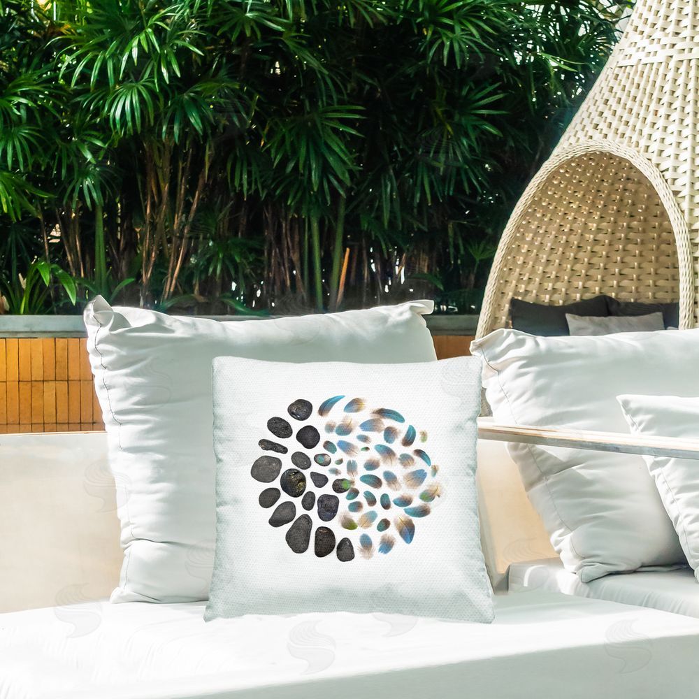 Beth Adoette Feathers & Rocks Collection Outdoor Quick-Dry Polyester Printed Square Pillow on Patio