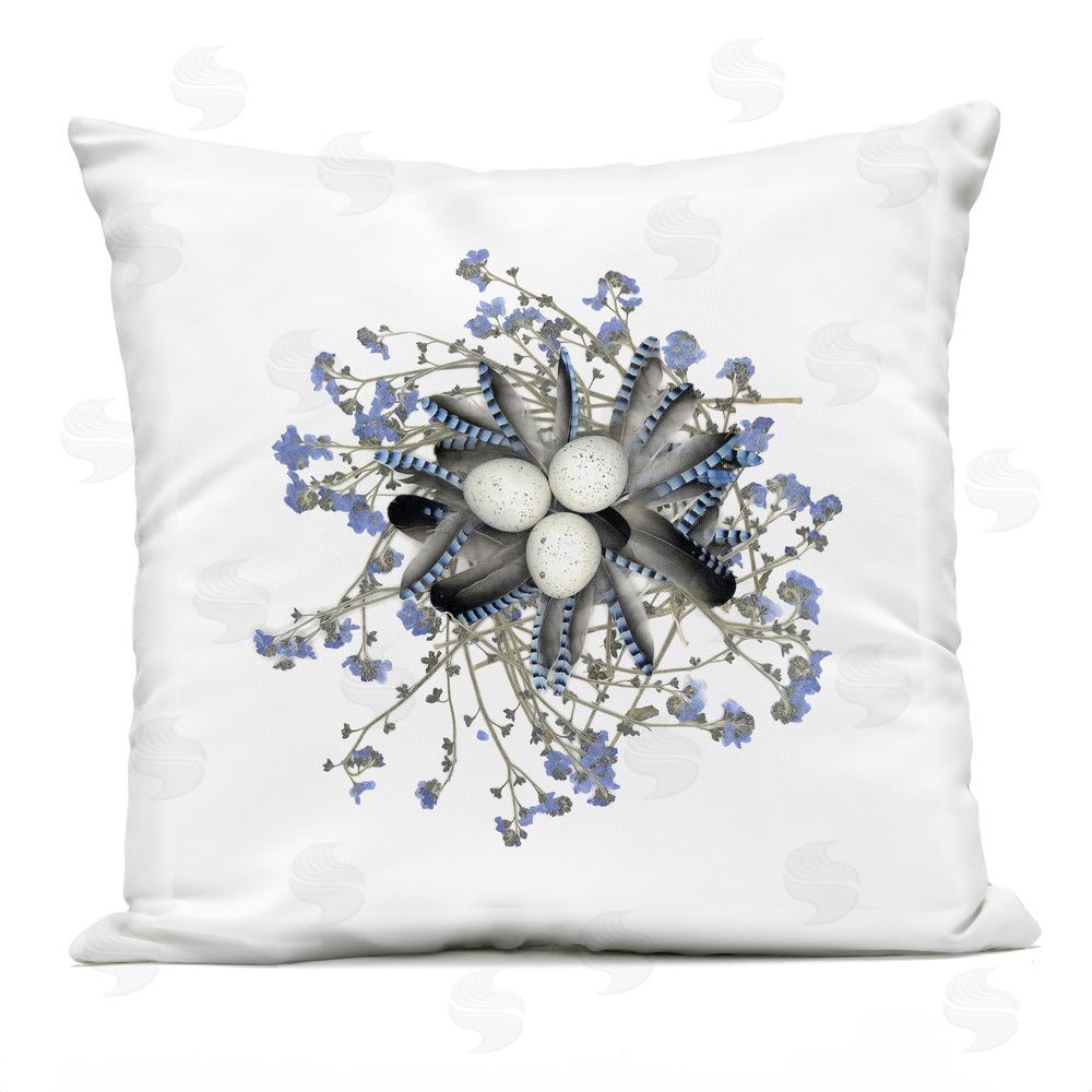 Beth Adoette Feathered Nest & Blue Florals Outdoor Quick-Dry Polyester Square Throw Pillow