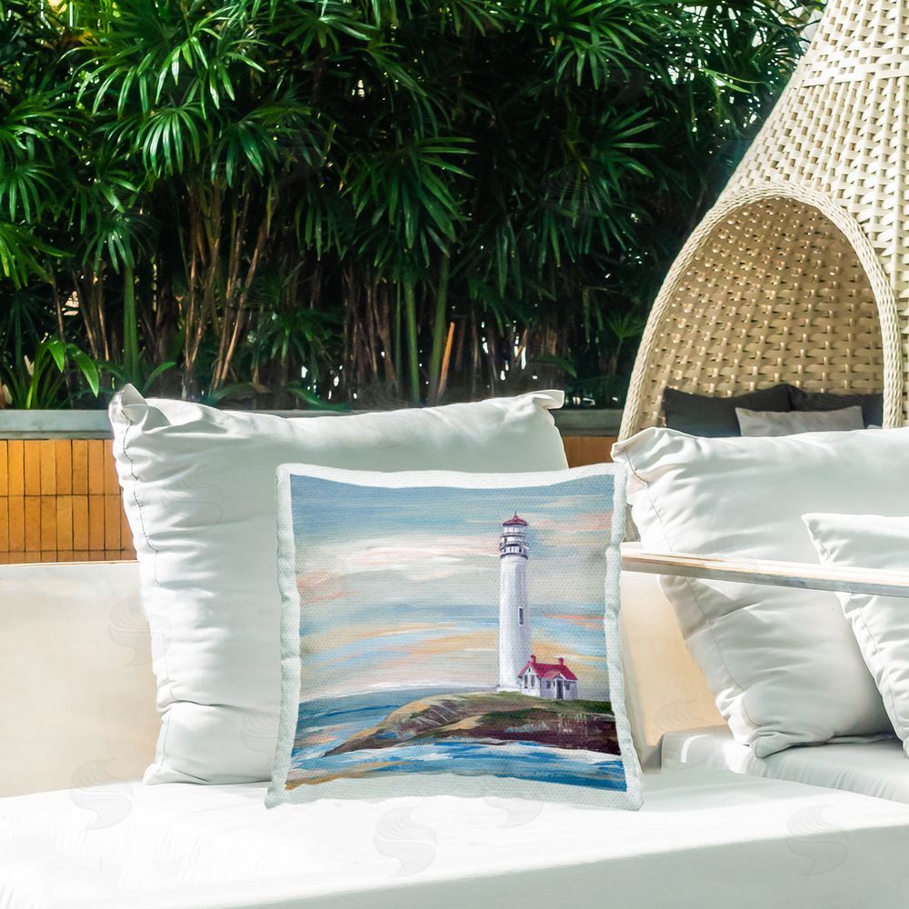 Lera Coastal Lighthouse at Sunset Outdoor Quick-Dry Polyester Printed Square Pillow on Patio