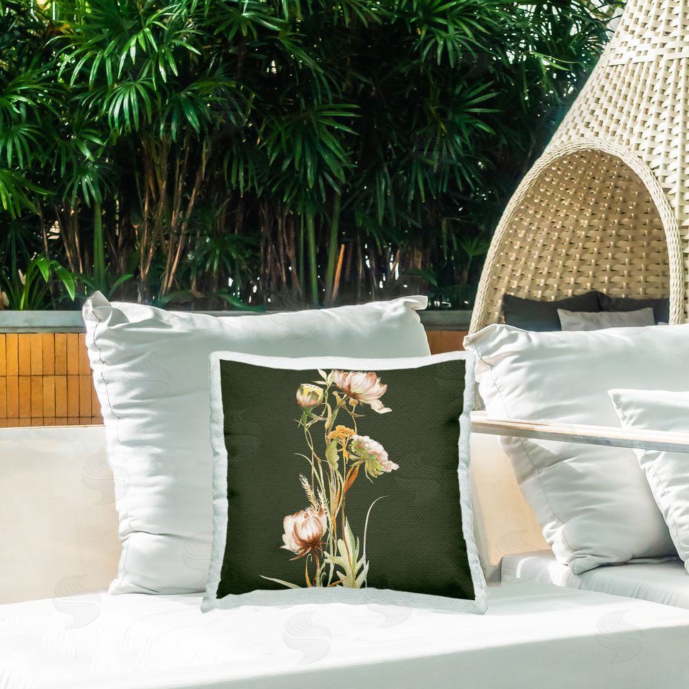 Liz Jardine Serene Wildflower Stem on Olive Outdoor Quick-Dry Polyester Printed Square Pillow on Patio