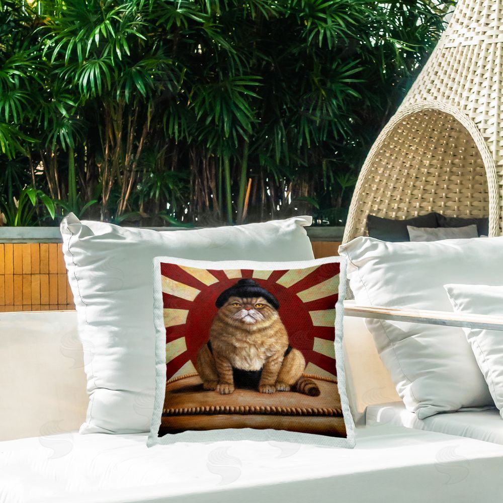 Lucia Heffernan Sumo Cat with Sun Rays Outdoor Quick-Dry Polyester Printed Square Pillow on Patio