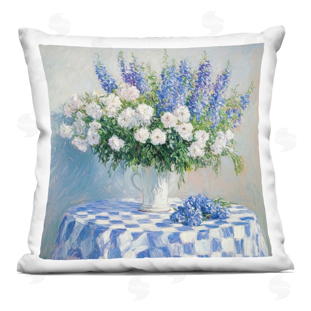 Tina LeCour Her Cottage Delphiniums Bouquet Indoor Plush Polyester Square Throw Pillow