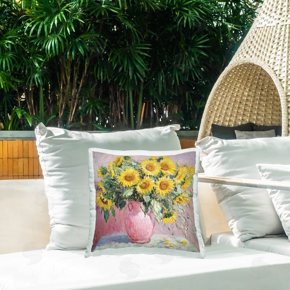 Tina LeCour Sunflowers In Pink Vase Impression Outdoor Quick-Dry Polyester Printed Square Pillow on Patio