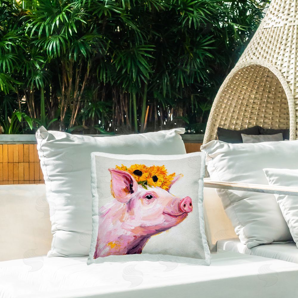Tina LeCour Happy Pig Wearing Sunflower Crown Outdoor Quick-Dry Polyester Printed Square Pillow on Patio