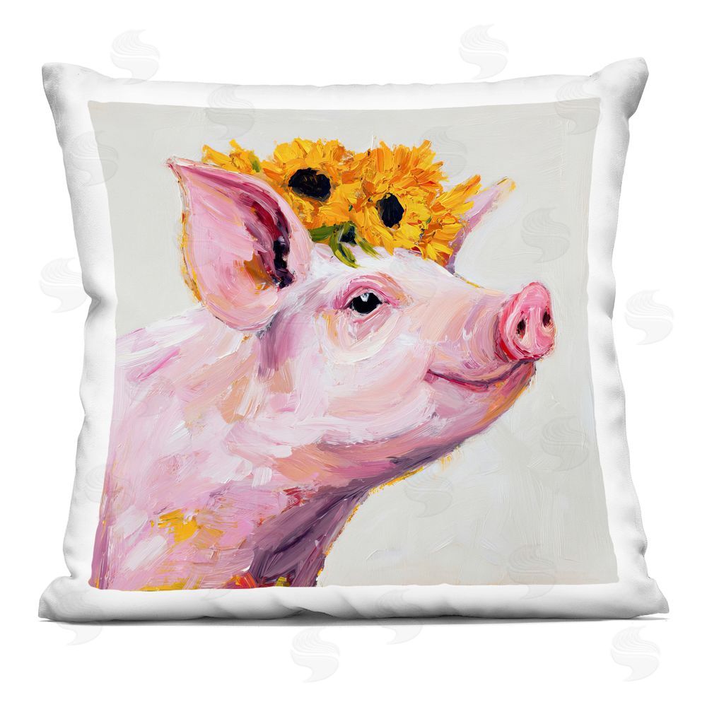 Tina LeCour Happy Pig Wearing Sunflower Crown Indoor Plush Polyester Square Throw Pillow