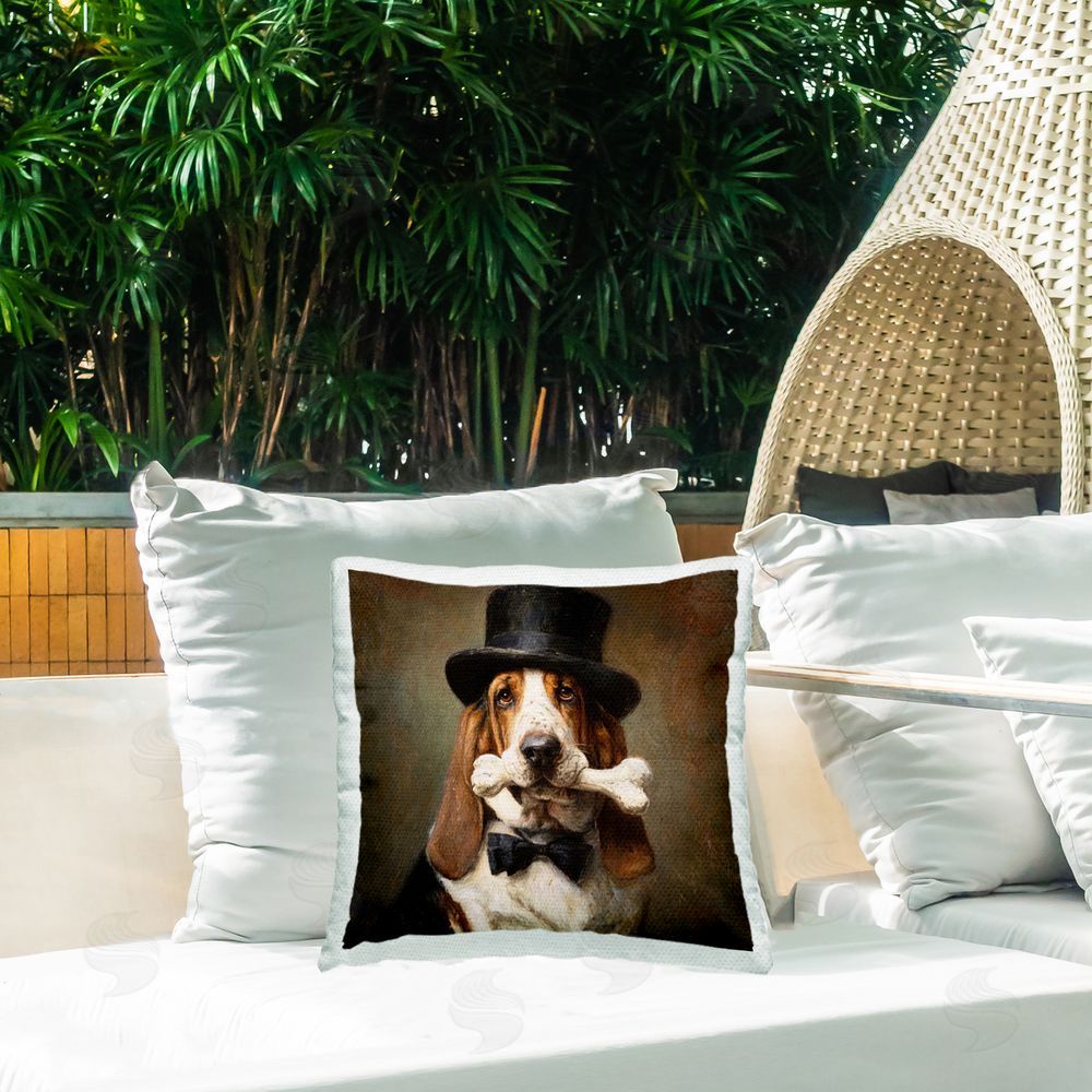 Tina LeCour Loyal Gentleman Basset Hound Outdoor Quick-Dry Polyester Printed Square Pillow on Patio