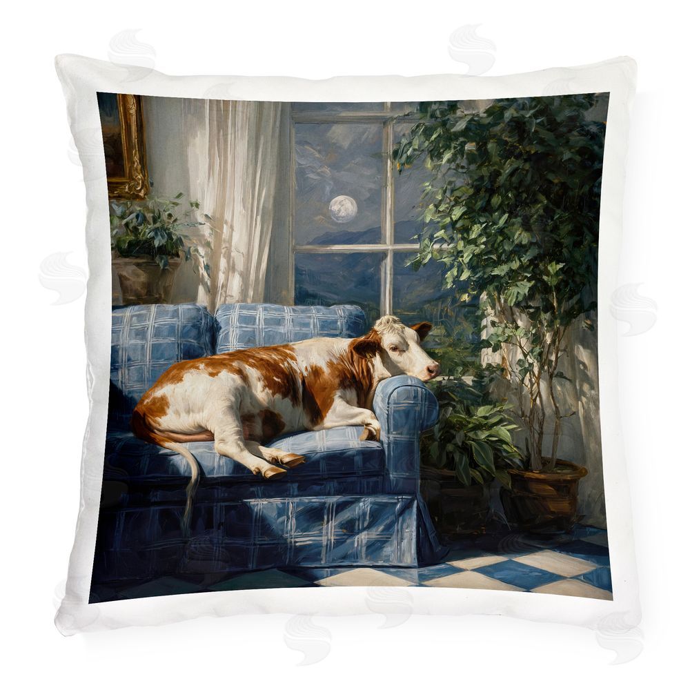 Tina LeCour Midnight Moo Lounging on Sofa Outdoor Quick-Dry Polyester Square Throw Pillow