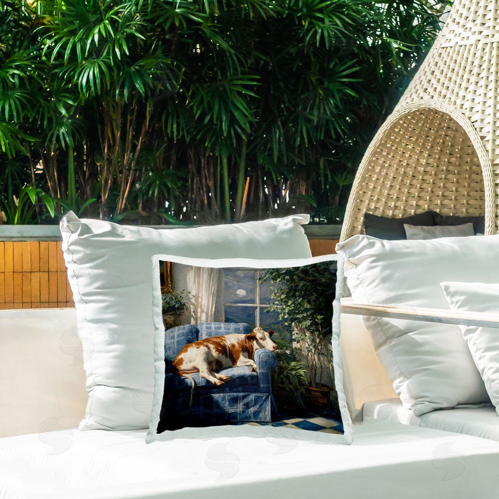 Tina LeCour Midnight Moo Lounging on Sofa Outdoor Quick-Dry Polyester Printed Square Pillow on Patio