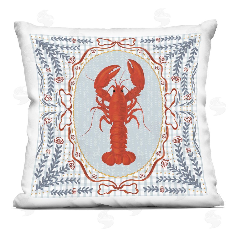 Vero Illustrates Lobster Portrait Blue Gingham Square Printed Throw Pillow