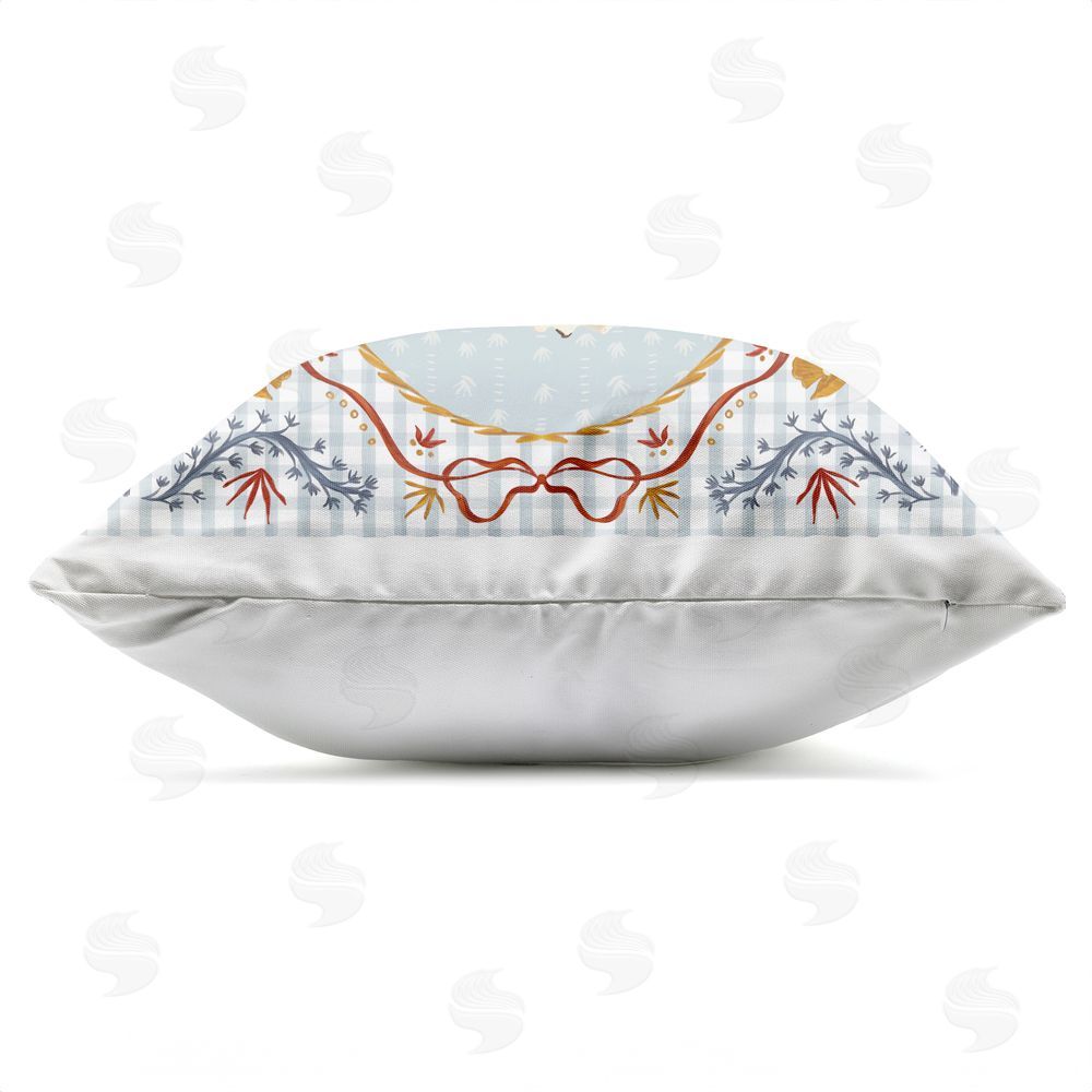 Vero Illustrates Oyster Trio on Blue Gingham Outdoor Square Printed Throw Pillow Side View with Zipper Detail