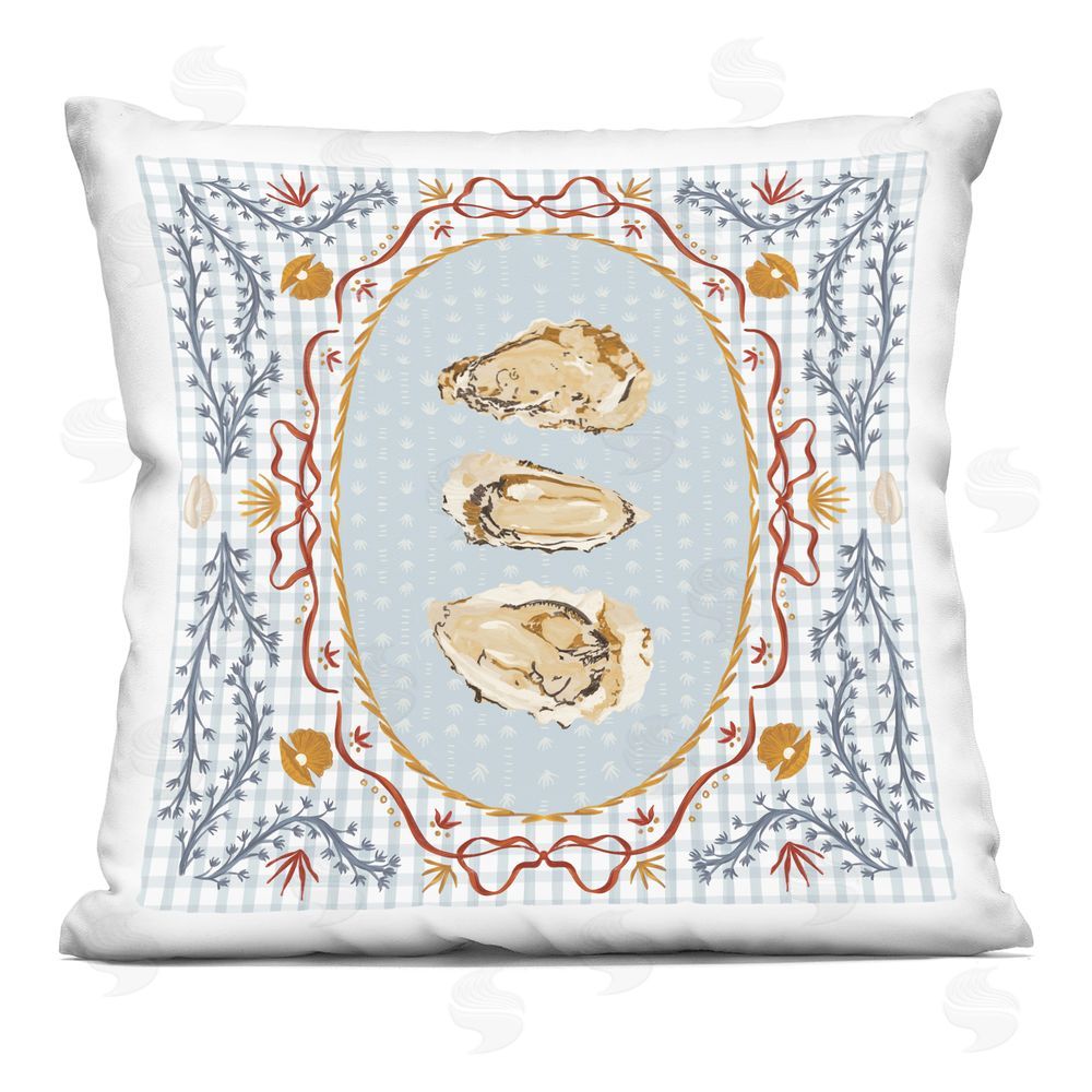Vero Illustrates Oyster Trio on Blue Gingham Square Printed Throw Pillow