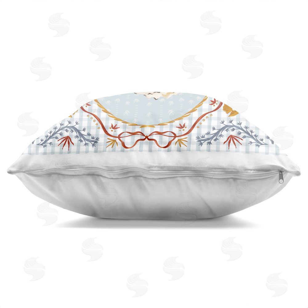 Vero Illustrates Oyster Trio on Blue Gingham Square Printed Throw Pillow Side View with Zipper Detail