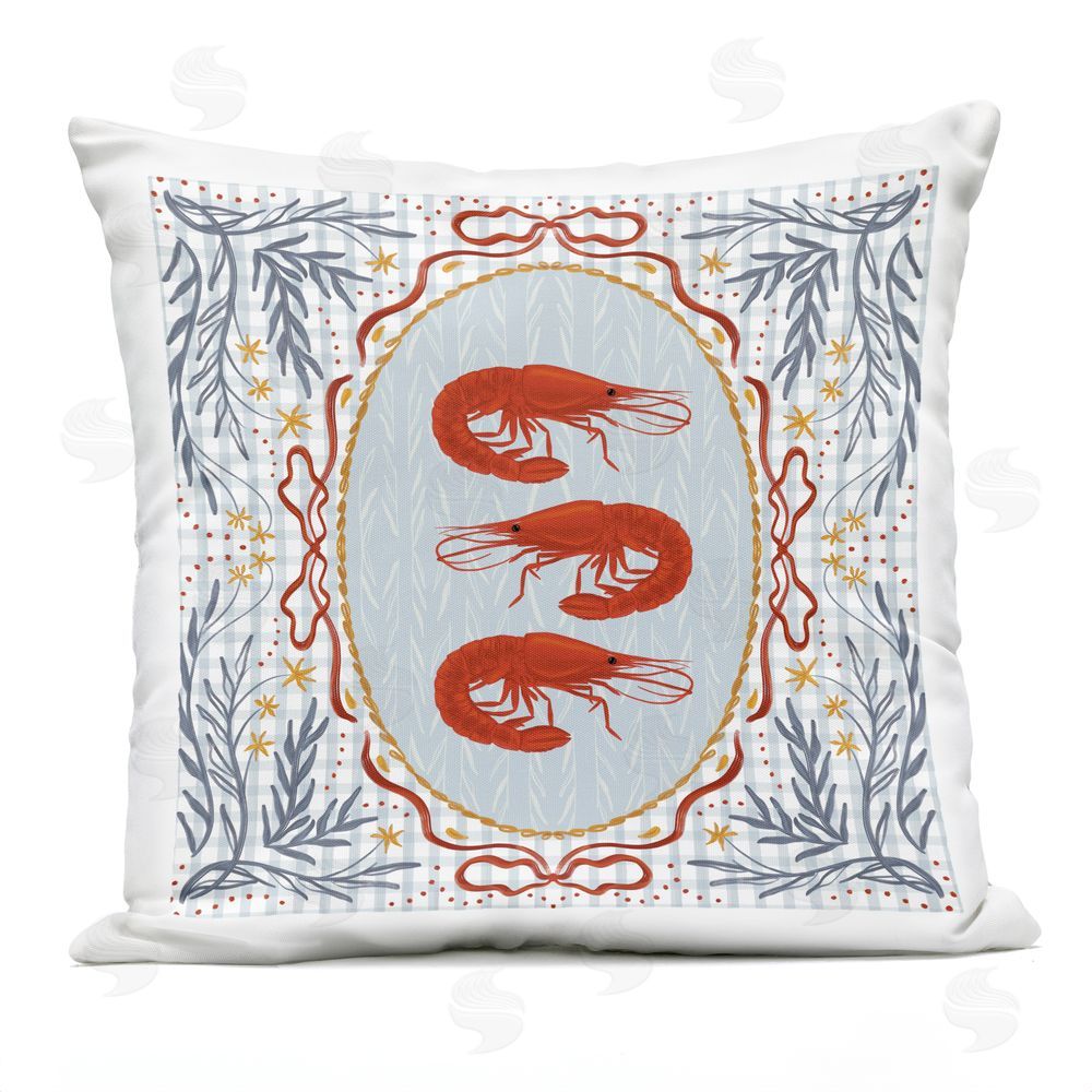 Vero Illustrates Prawn Trio on Blue Gingham Outdoor Square Printed Throw Pillow