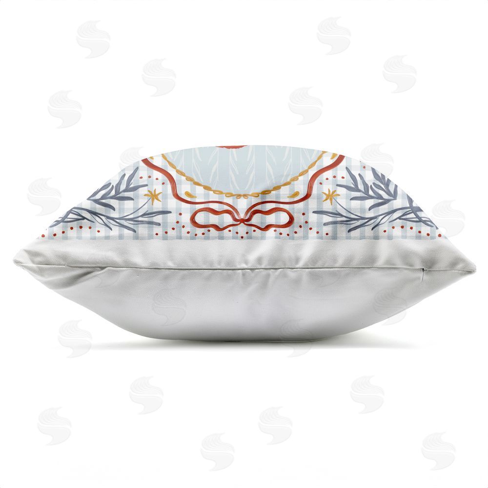Vero Illustrates Prawn Trio on Blue Gingham Outdoor Square Printed Throw Pillow Side View with Zipper Detail