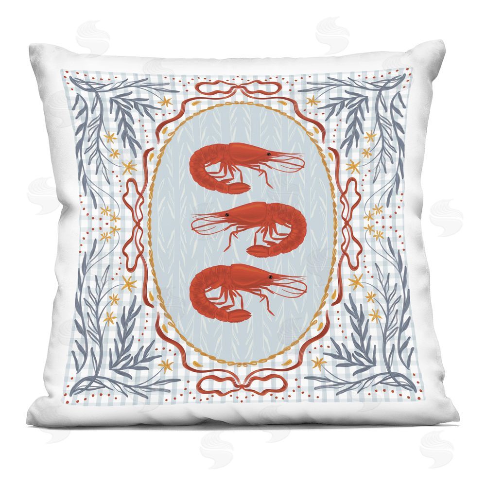 Vero Illustrates Prawn Trio on Blue Gingham Square Printed Throw Pillow