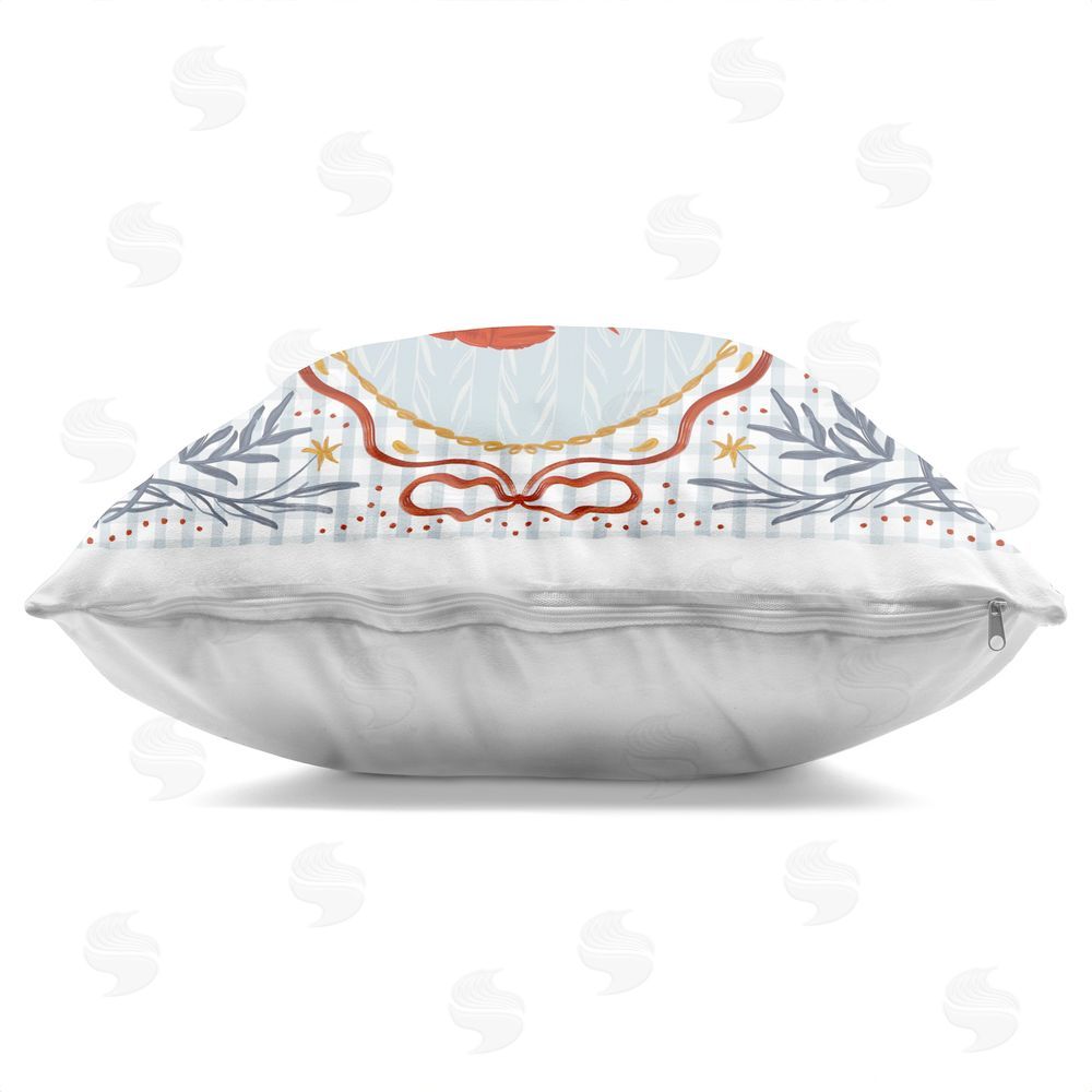 Vero Illustrates Prawn Trio on Blue Gingham Square Printed Throw Pillow Side View with Zipper Detail
