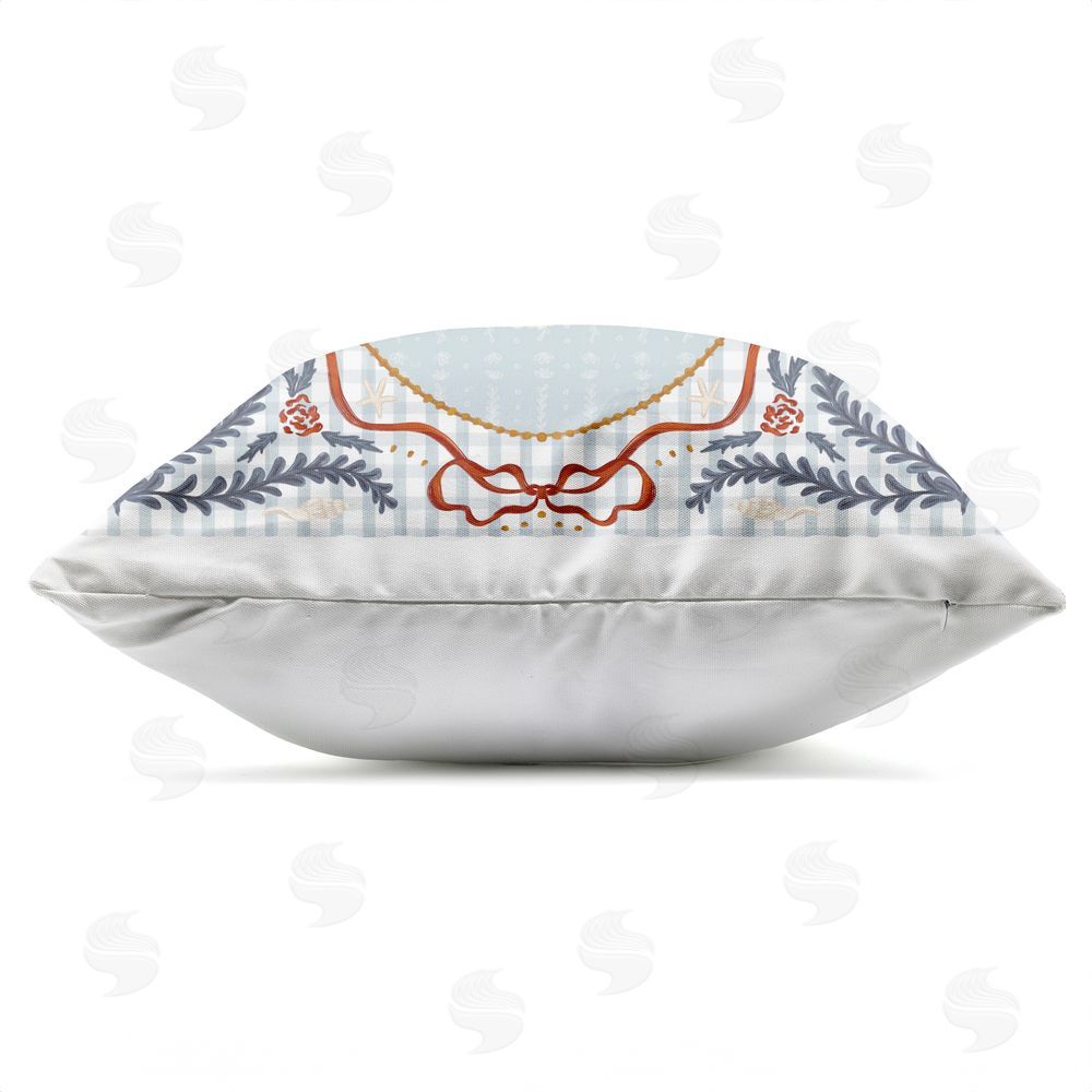 Vero Illustrates Shells Portrait on Gingham Outdoor Square Printed Throw Pillow Side View with Zipper Detail
