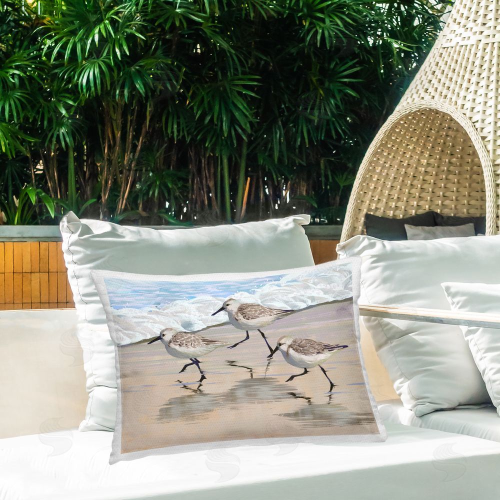 Ziwei Li Scurrying Sandpipers on Wet Sand Outdoor Quick-Dry Polyester Printed Lumbar Pillow on Patio