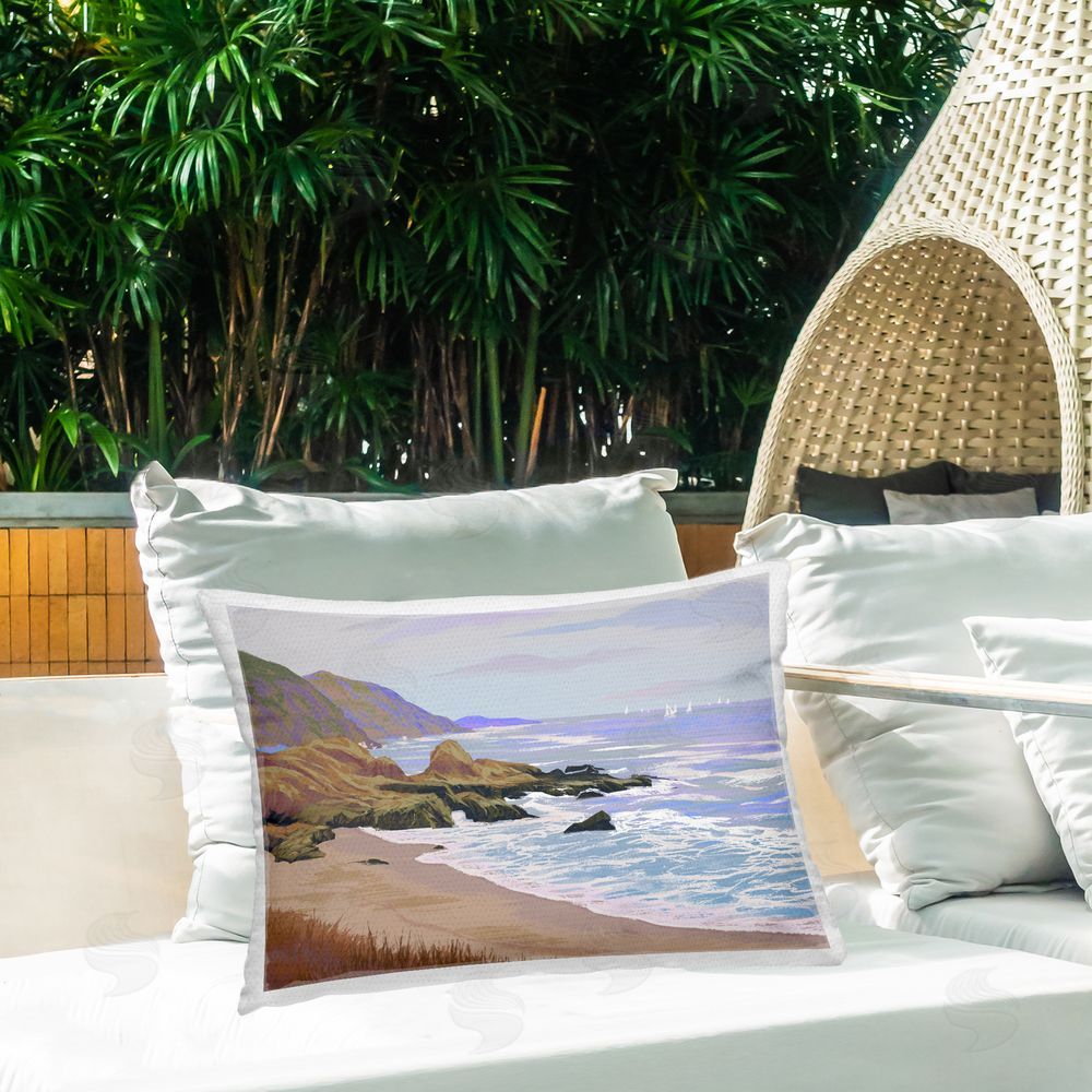 Ziwei Li Tranquil Cliffs & Distant Boats Outdoor Quick-Dry Polyester Printed Lumbar Pillow on Patio