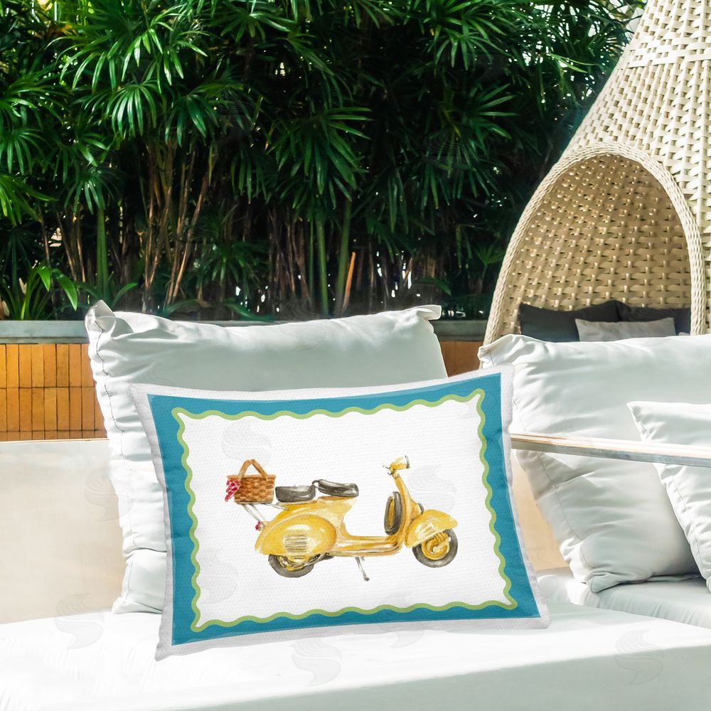 Lanie Loreth Yellow Scooter with Border Outdoor Quick-Dry Polyester Printed Lumbar Pillow on Patio