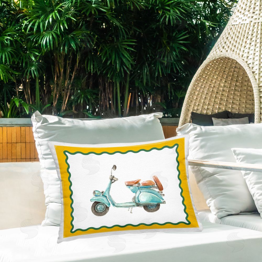 Lanie Loreth Blue Scooter with Yellow Border Outdoor Quick-Dry Polyester Printed Lumbar Pillow on Patio