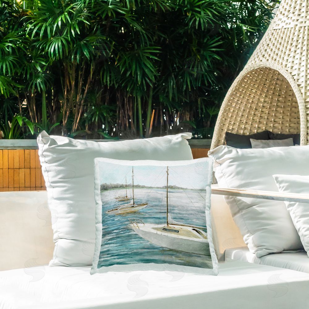 Lorenzo Collective Small Boats Resting in Harbor Outdoor Quick-Dry Polyester Printed Square Pillow on Patio