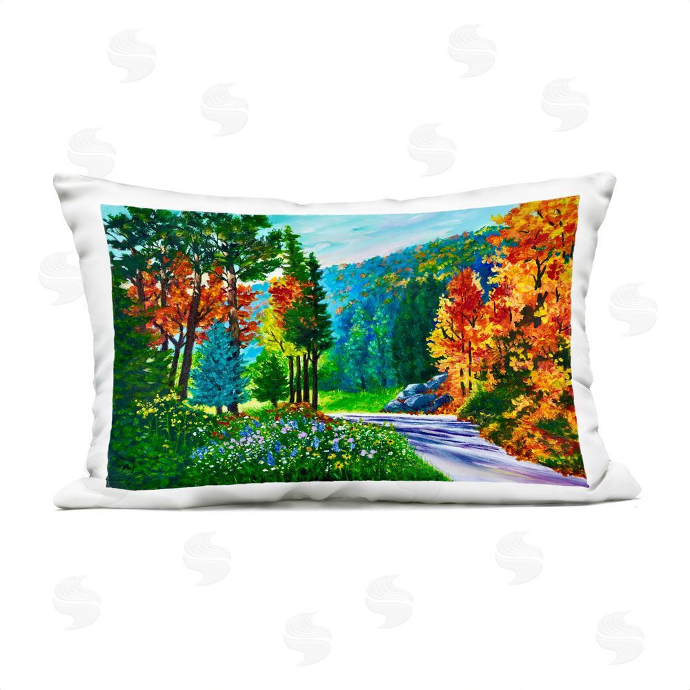Lee Ann Zirbes Sunlit Autumn Woodland Pathway Outdoor Printed Lumbar Throw Pillow