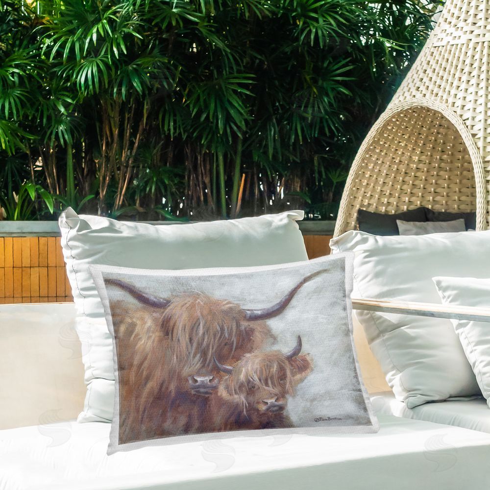 Pam Britton Shaggy Highlands Mother & Calf Outdoor Quick-Dry Polyester Printed Lumbar Pillow on Patio