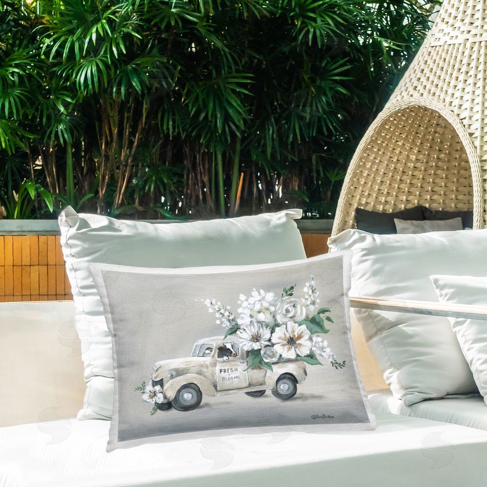 Pam Britton Vintage Truck with Fresh Blooms Outdoor Quick-Dry Polyester Printed Lumbar Pillow on Patio