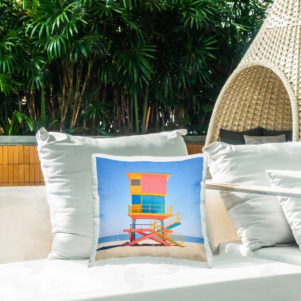 Creative Studio Deco Lifeguard Tower on Beach Outdoor Square Printed Throw Pillow on Seat
