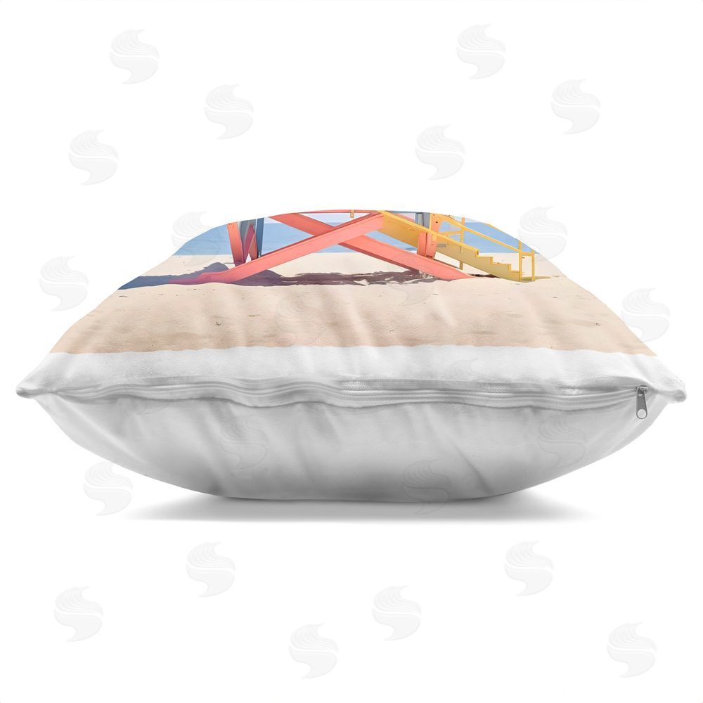 Creative Studio Deco Lifeguard Tower on Beach Square Printed Throw Pillow Side View with Zipper Detail