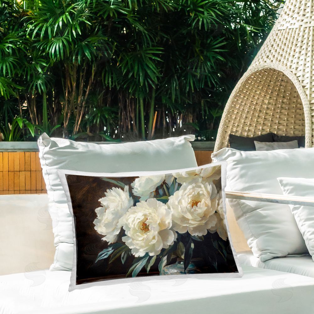Petal Prints Design Large Moody White Floral Outdoor Printed Lumbar Throw Pillow on Seat