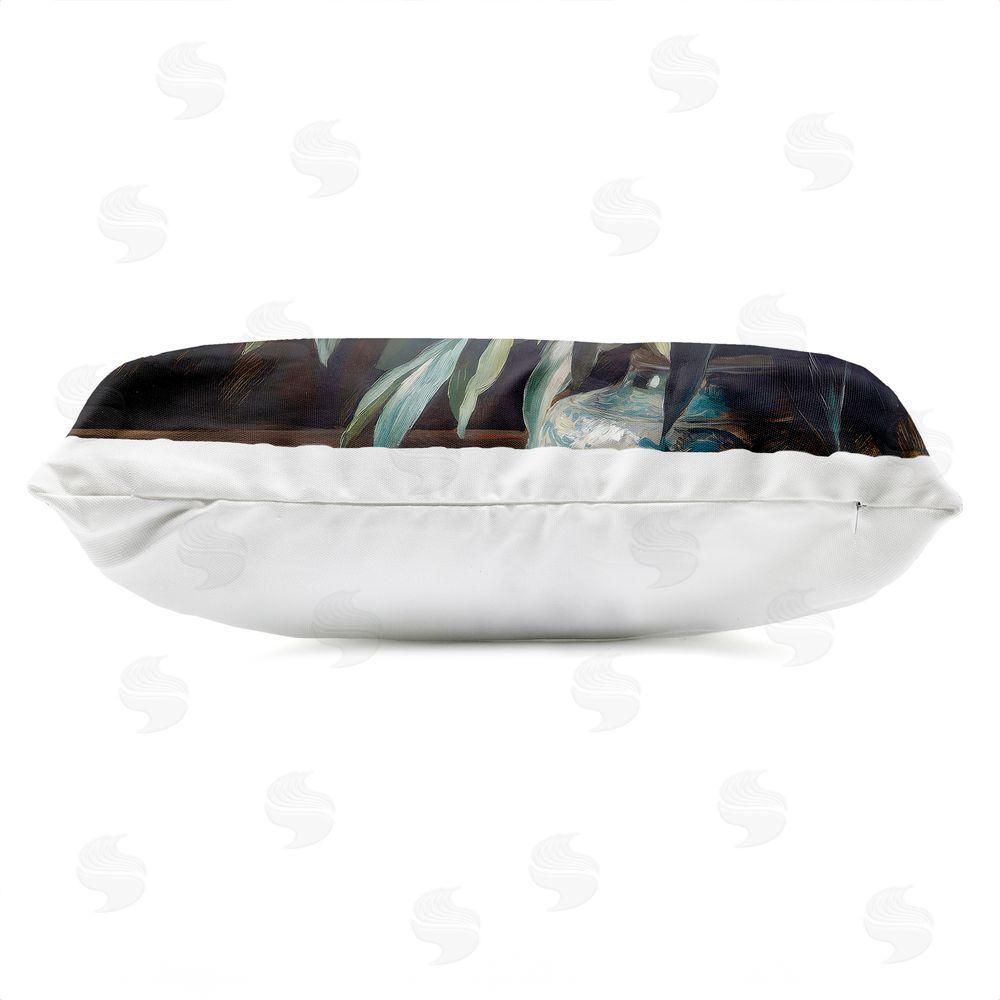 Petal Prints Design Large Moody White Floral Outdoor Printed Lumbar Throw Pillow Side View with Zipper Detail