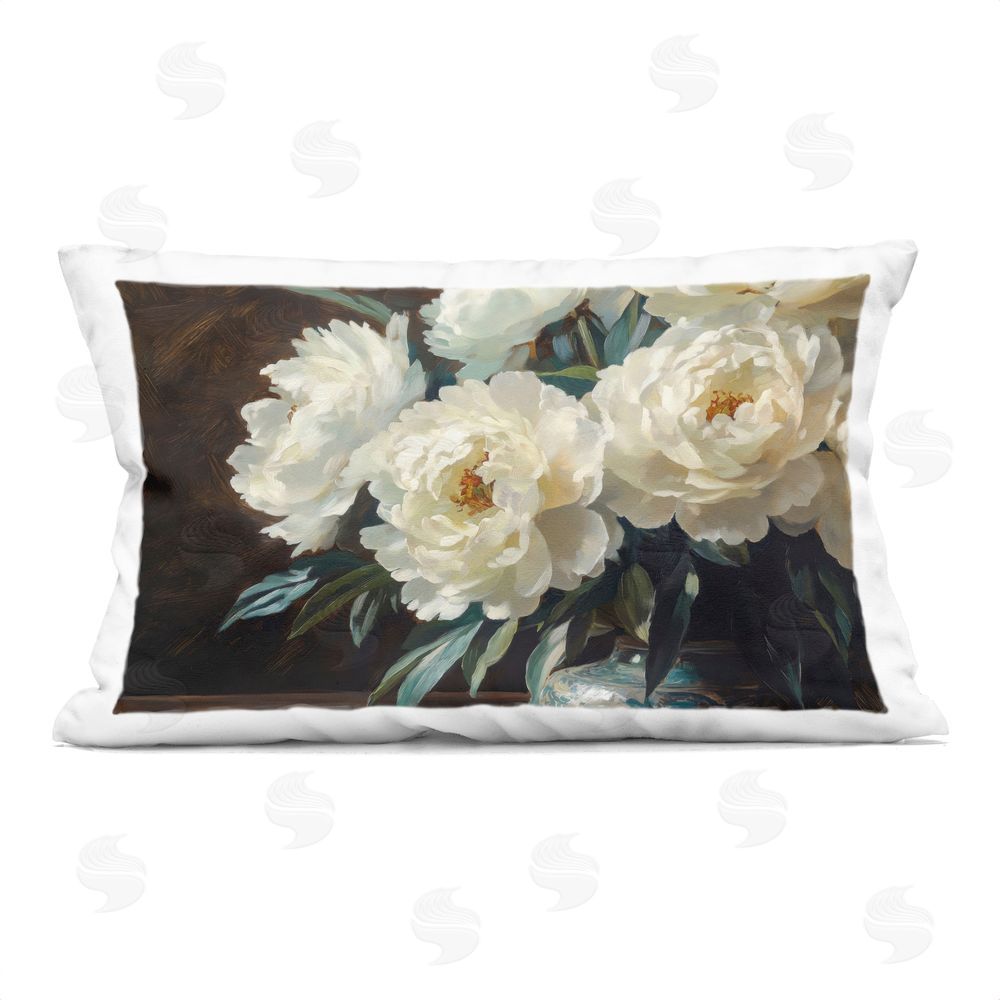 Petal Prints Design Large Moody White Floral Printed Lumbar Throw Pillow