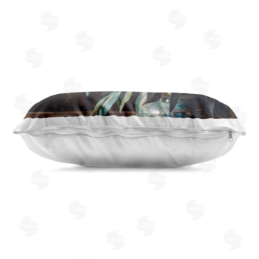 Petal Prints Design Large Moody White Floral Printed Lumbar Throw Pillow Side View with Zipper Detail