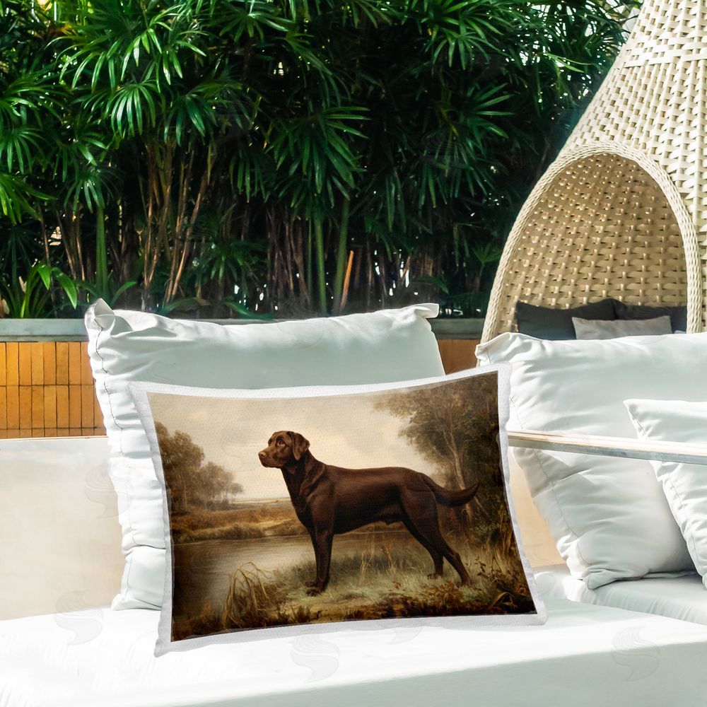 Petal Prints Design Brown Lab By The Pond Outdoor Printed Lumbar Throw Pillow on Seat