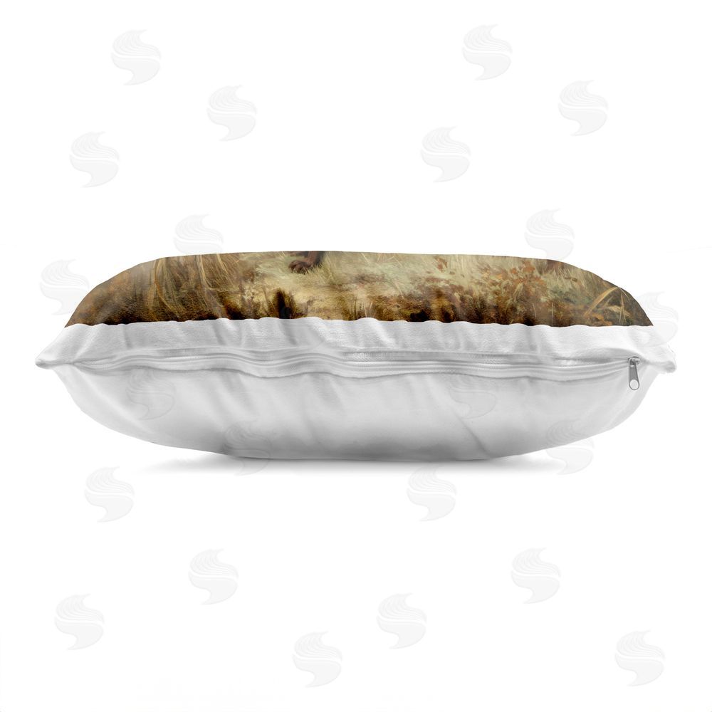 Petal Prints Design Brown Lab By The Pond Printed Lumbar Throw Pillow Side View with Zipper Detail