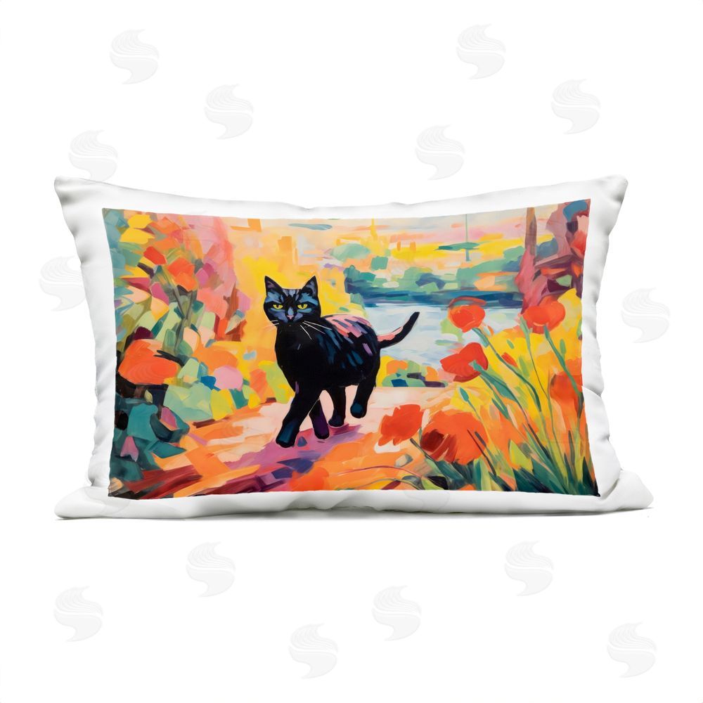 Creative Studio Sunlit Black Cat in Garden Outdoor Printed Lumbar Throw Pillow